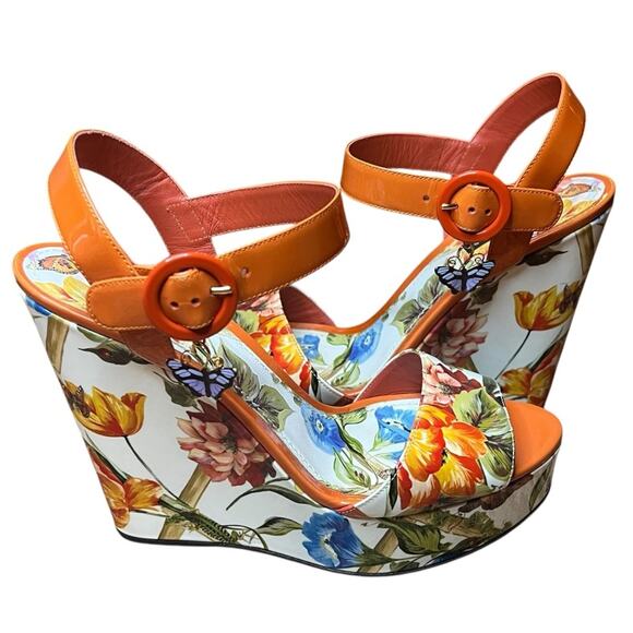Dolce & Gabbana Shoes - Dolce & Gabbana BIANCA Patent Leather Floral Butterfly Wedge Sandals EU 40 US 10